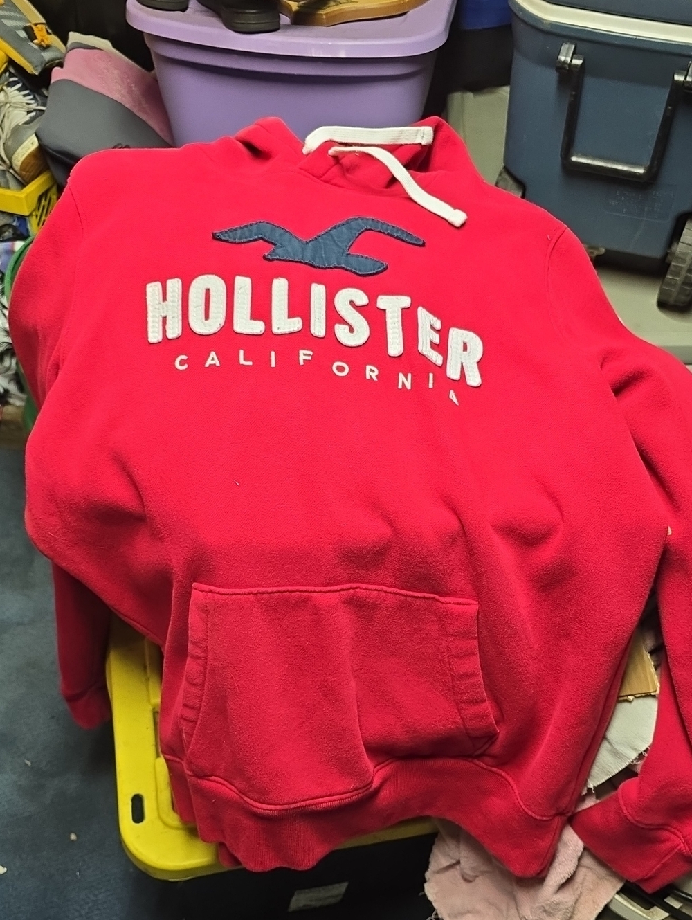 Hollister Men’s Bright Red Hooded Pullover with Navy Logo